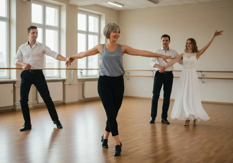 Репетиция свадебного танца в танцевальном зале с зеркалами